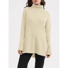 Imily Bela Women's Oversized Turtleneck Jumper, Long Sleeve Tunic Jumper, Loose Fit Winter Sweater, Ribbed Knit Jumper with Side Slit, beige
