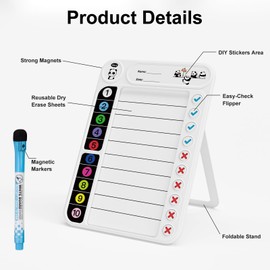 Magnetic Chore Chart for Kids, ADHD Task Tracker Easy-Check Routine Dry Erase Board, to-Do List Planning Tool with Stand for Fridge/Desk/Home/School, 6 Reusable Sheets, 3 Markers