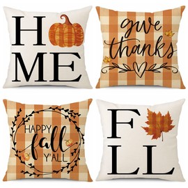 JOTOM Fall Throw Pillow Covers Autumn Check Plaid Pumpkin Cushion Covers 18x18 Inch Thanksgiving Decorations Couch Linen Outdoor Pillow Cases for Sofa Home Decor Set of 4 45X45cm (Orange White Plaid)