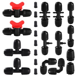 VooGenzek 22 Pieces Irrigation Fittings Kit for Hoses, Barbed Garden Hose Connector for 13/16 mm to 4/7 mm, Gate Valve Valves, Straight, 6-Way, Bends, T-Pieces, End Cap, Black