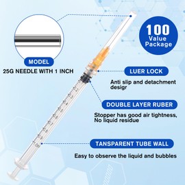 100 Pack Luer Lock 1ml 25Ga 1" Disposable Dispensing Lab Syringes, Scientific Industrial Supplies, Individually Wrapped