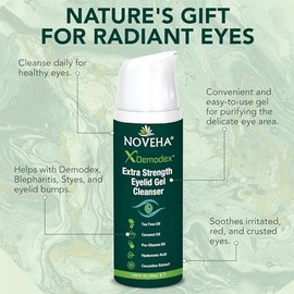 NOVEHA Demodex Gel Limpiador Extra Fuerte para Párpados - para Demodex, Mgd y Ojo Seco Con Pro-Vitamina B5, Aceite de Árbol de Té, y Ácido Hialurónico - Limpieza Suave, Alivia La Picazón Del Párpado -