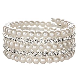 Kicomvi Imitition Pearl Stretch Bracelet Multilayer Crystals Pearl Elastic Bangle for Women Wedding Jewelry 1920s Costume-A sliver