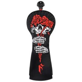 Golf Club Head covers Fairway Wood FW with Interchangeable Number Tag 3457X Elastic Closure Black PU Leather Skull Rose Pattern
