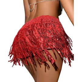 Faldas con borla para mujer, pantalones cortos, lentejuelas, falda de cadera, fiesta de rave, Halloween, cosplay, bar, danza del vientre, disfraz de discoteca, Rojo -, Large