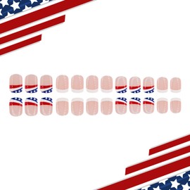 French Tip Press on Nails Independence Day Fake Nails Short Square False Nails with American Flag Designs Glue on Nails Full Cover Acrylic Nails Nude Glossy Stick on Nails for Women 24Pcs