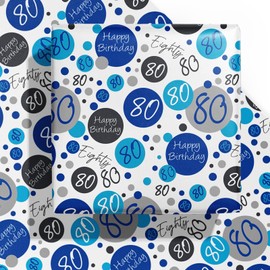 WRAPAHOLIC Birthday Wrapping Paper Sheet - 6 Sheets Blue 80th Birthday Design Folded Flat for Bday, Party, Baby Showers - 19.7 Inch X 27.5 Inch Per Sheet