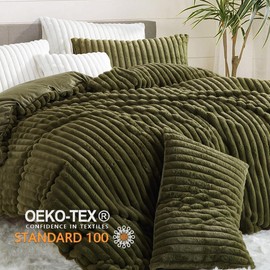 Bildenly Fluffy Comforter Cover Set Warm Fuzzy Faux Fur Duvet Cover Queen Size Green Plush Shaggy Quilt Cover 3 Pcs Winter Fleece Vertical Stripe Bedding Set, 1 Duvet Cover & 2 Pillowcases