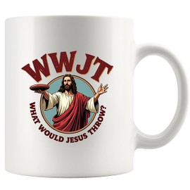 Panvola What Would Jesus Throw Disc - Regalos para papá, mamá, abuelo, abuela, de hijo, hija, marido, esposa, WWJT, divertidos regalos cristianos, novedosos vasos de cerámica, 11 onzas, color blanco
