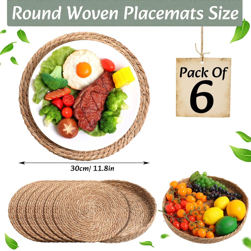 Gandeer 6 Sets Boho Round Woven Placemats Embroidered Striped Tassel