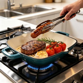 YYJINGYOU Enameled Cast Iron Square Grill Pan, Nonstick Skillet Steak Grilling Pan (Peacock Blue, 10 inch)
