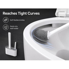 Wall-Mounted Silicone Toilet Brush Set with Holder & Detail Brush, Long Handle Quick-Dry Bathroom Cleaning Brush