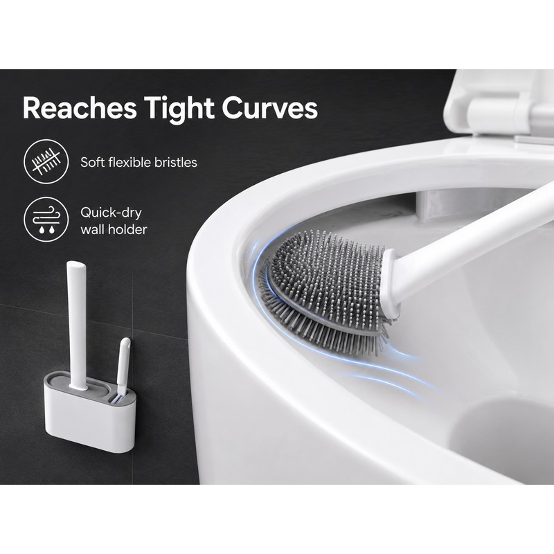Wall-Mounted Silicone Toilet Brush Set with Holder & Detail Brush,