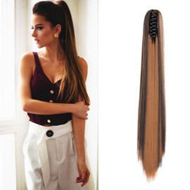 Cybelleza Ponytail Extensions Braid Ponytail Hairpiece Straight Long 55 cm Claw Clip in Hair Extension Synthetic Hair Extension Braid Extension for Women, Dark Brown/Light Brown