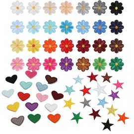 Pack of 62 iron-on patches, children's iron-on patches, iron-on patches, children's iron-on patches, DIY accessories, daisy flower (28), multi-coloured love (16), multi-coloured pentagram (18),
