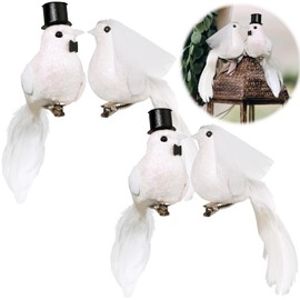 Sprießen Set of 4 Doves Wedding Decoration, Two Pairs of Wedding Doves with Clip, Artificial Dove, Pigeon Decoration, Bird Decoration, for DIY Craft, Home Ornaments, Garden Wedding Decoration