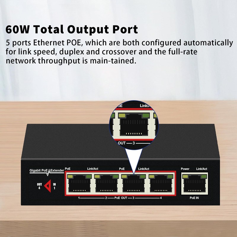 60W 4-Port Gigabit PoE Switch/Extender PoE Splitter Repeater, 10/100/1000Mbps, Supports