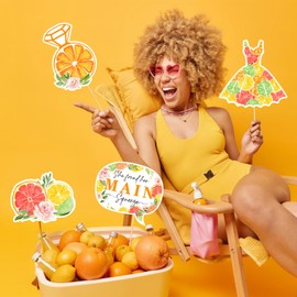 Cheereveal 24Pcs Citrus Theme Photo Booth Props for Girls Women - Orange Yellow Party Signs with Wooden Sticks, Love is Sweet Bachelorette Engagement Wedding Bridal Shower Decorations