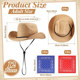 Unittype 6 Set Straw Cowboy Hats Bandanas Set Cowgirl Western Party Hat(Khaki)
