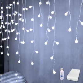 YOLIGHT Fairy Curtain Lights, USB/Battery Powered Ball Icicle Lights 13ft 96 LED Globe String Hanging Lights for Bedroom Dorm Wedding Party Christmas Decoration (White)
