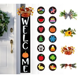 Whaline Welcome Sign for Front Porch Standing 3Pcs Wood Door Signs with 14 Seasonal Signs Interchangeable & 4Pcs Wreaths for Seasonal Farmhouse Home Party