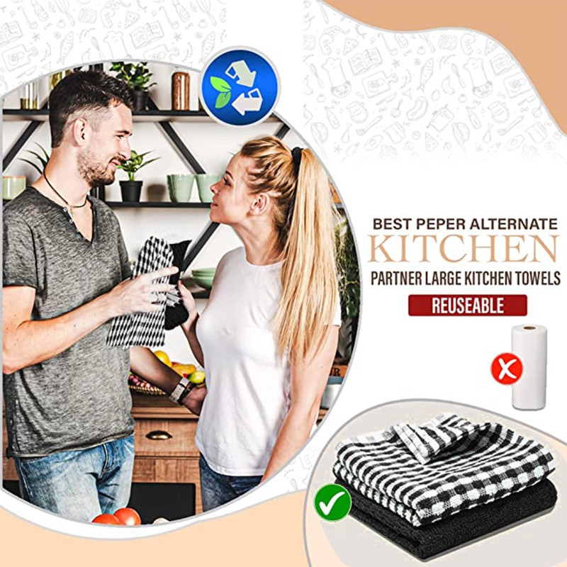 2 Pack Kitchen Towel Cotton Terry Tea Towels Black/White Monocheck
