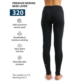 Merino Wool Base Layer Women Pants 100% Merino Wool Leggings Midweight Thermal Underwear Bottoms + Wool Socks (XX-Large, 320 Charcoal Grey)