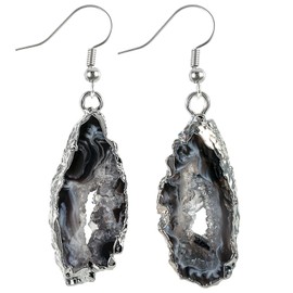 mookaitedecor Natural Agate Geode Druzy Quartz Dangle Drop Earrings for Women Healing Crystal Boho Jewellery Gift, Bohemian Boho Fancy Silver Plated Earrings Dangly Black Semi Precious Stone Earrings