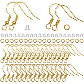 Toaob 300 pieces golden copper silver-plated earring hooks ear hooks 18 x 17 mm 18 x 20 mm with plastic ear stoppers and metal jump ring for earrings jewellery making