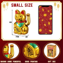 Chunful 6 Inch Lucky Cat Waving Arm Maneki Neko Lucky Beckoning Feng Shui Wealth Cat for Welcoming Fortune Wealth Prosperity Decoration, Battery Not Included(Gold Color)