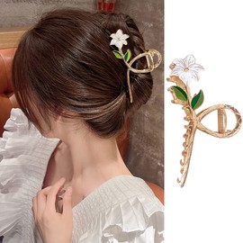 Flower Metal Hair Clips for Women White Lily Floral Gold Hair Claw Clips Non Slip Strong Hold Jaw Clips Fashion Hair Accessories Decorations for Thick Thin Curly Hair 1Pcs