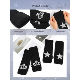 Formery Stars Knitted Wrist Warmers Black Sparkly Rhinestone Winter Short Fingerless Gloves Crown Stretchy Knit Glove with Thumb Hole Typing Nightclub Party for Women and Girls (Pack of 2)