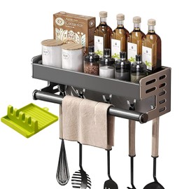 Spice Rack No Drilling Wall 30/40/50 cm, Kitchen Organiser Made of Aluminium, Wall Shelf Spices with 5 Hooks, Towel Rail & Green Pot Lid Holder for Kitchen and Bathroom (30 cm)