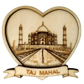 Purpledip Wooden Heart Shaped Fridge Magnet: Taj Mahal Indian Souvenir (11667C)