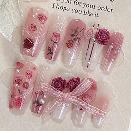 Coffin Shaped Luxury Press on Nails - Retro Rose Valentine | Ballerina Artificial False Nails, Glossy Pink Fake Nails with 3D Flowers, Salon Quality Reusable Nails Kit (Size S)
