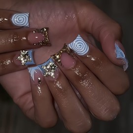 FIEONCIY Press on Nails Duck Shaped Glossy Full Cover Acrylic French False Nails with Designs Artificial Medium Duck Fake Nails with Charms Glue ons Fingernails for Women Girls(AS08)