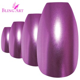 Bling Art False Nails Purple Metallic Ballerina Coffin 24 False Nails Long Tips with Glue