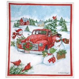 Heartwarming Susan WingetTM Truck and Snowmen Sherpa Throw Blanket - Perfect for Cozy Christmas Movie Nights - Beautiful Winter Design with Soft Sherpa Back - Generous Size 50" x 60" - 100% Polyester