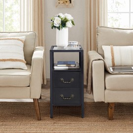 VECELO End Tables, 24" Height Narrow Nightstands Modern Tall Night Stand with Drawers and Shelf for Living Room, Bedroom,Tempered Glass, Set of 1, Classic Black