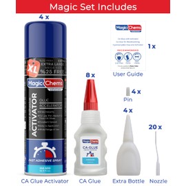 Magic Chems CA Glue with Activator (8 x 3.5 oz + 4 x 16.9 fl oz), Cyanoacrylate Glue and Activator, Super Glue with Activator, CA Glue and Accelerator (4 Pack)