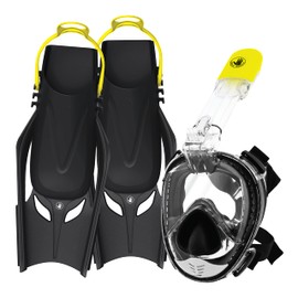 BODY GLOVE - Free Breathing Snorkel Full FACE MASK Set-with FINS-Travel Bag-Anti Fog-Anti Leak-Panoramic View-Camera Mount-Open Water-Scuba Diving-Snorkeling Gear