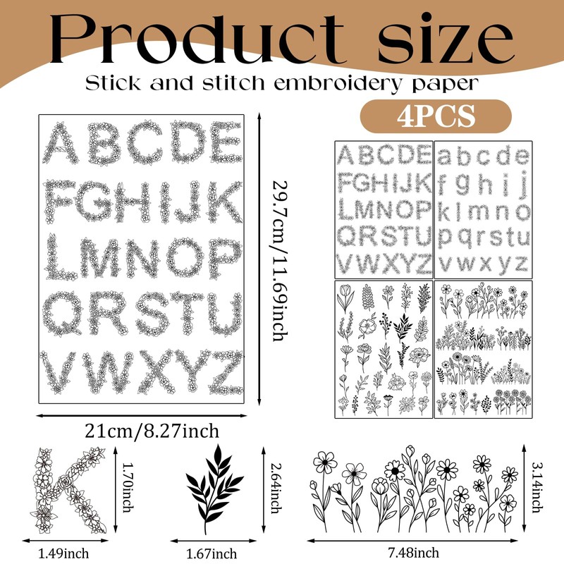 Flower Water Soluble Embroidery Patterns, 85 Pcs A-Z Alphabet Stick