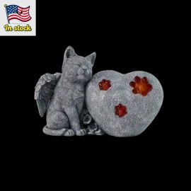 Elegant Garden, Solar Powered Angel Cat Resin Sculpture with Glowing Paw Print Lights, Handcrafted Kitten Figurine on Heart BaseColor: Gray, Size: One Size