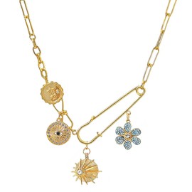 CVSQXPL Charm Necklace for Women Gold Evil Eye Sun Moon Flower Coin Pendant Necklace Dainty Paperclip Chain Vintage Luck Amulet Choker Necklaces Celestial Jewelry（Flowers and Sun ）