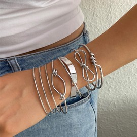IFKM Silver Bangles Bracelets For Women, Multi Layer Stackable Open Cuff Bracelet Set, Trendy Elegance Charms Non Tarnish Minimalist Textured Boho Jewelry Gift for Women 2