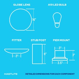 KastLite 16" Globe Pier Mount Outdoor Lighting with LED Lamp & 6" Stub Post | UV & Waterproof Pillar/Column Lights | Deck Driveway Yard Patio & Garden Fixture | Made in USA | Clear Cover, Black Base