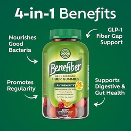 Benefiber Prebiotic Fiber Supplement Gummies for Digestive Health, Citrus Berry Splash Flavor - 126 Count