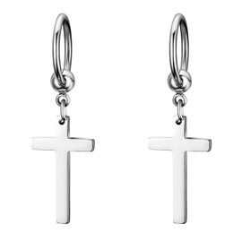 JewelryWe Cross Earrings,Glossy Stainless Steel Dangle Earrings Hoop Ear Rings for Men Women(Silver)