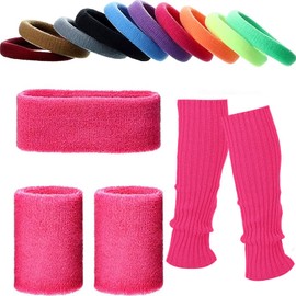 Geyoga Pack of 15 80s Outfit Accessories for Women Carnival Pink Sweatband Set Hair Band Sport Wristbands Leg Warmers and Hair Rope 90s Retro Neon Costumes Accessories for Parties Fancy Dress Women,