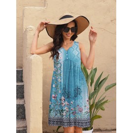 ETCYY Summer Dresses for Women 2025 Vacation Sleeveless Ruffle Beach Mini Dress Button Tank V Neck Floral Leaf Sundresses,Floral Blue,Large